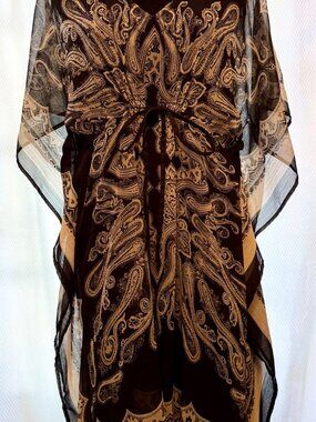 Club Z Collection Black & Tan Paisley Kaftan Dress XL Boho Kimono Sleeve Tunic
